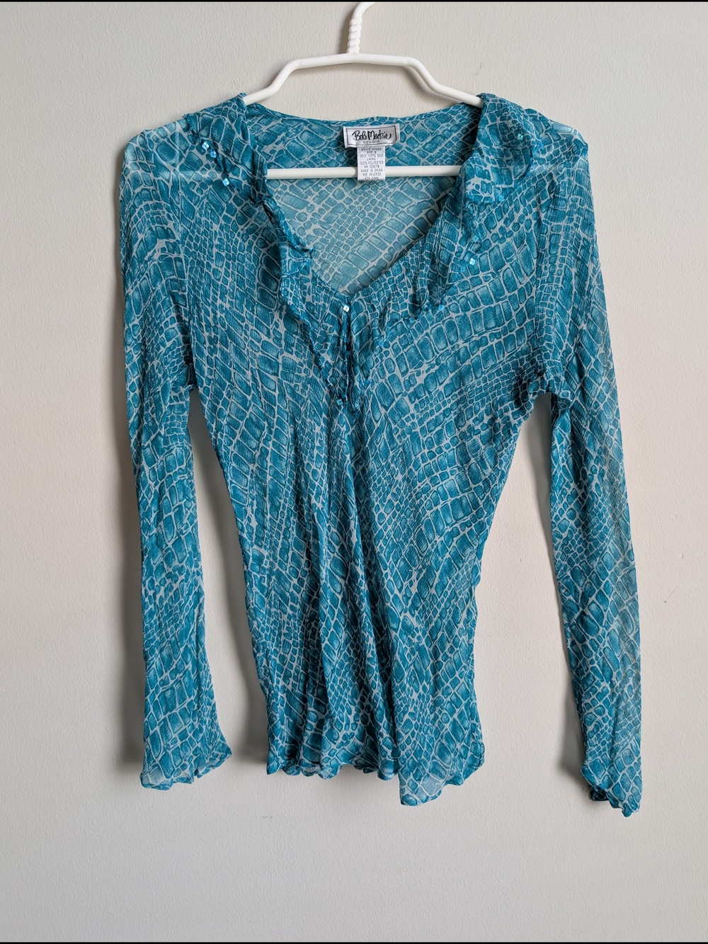 Bob Mackie Teal Patterned Y2k Long-Sleeve Top Size 8 100% Silk